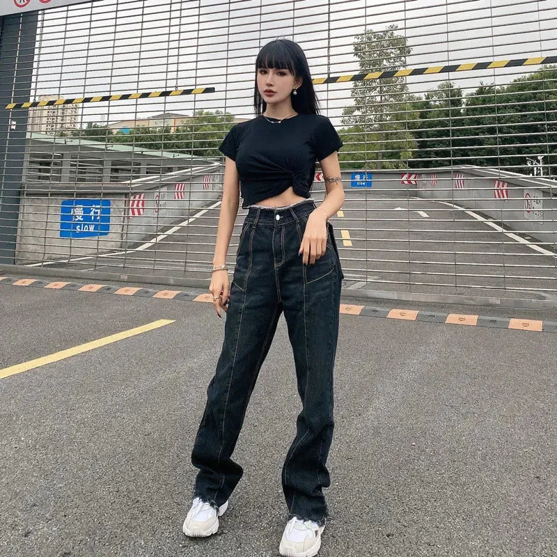 ADVBRIDGE  Harajuku Ripped High Waist Jeans Streetwear Patchwork Baggy Denim Pants Dark Gray Straight Trouser Female Denim Pants