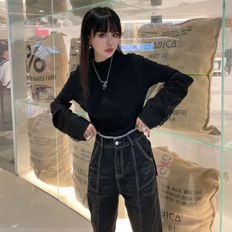 ADVBRIDGE  Harajuku Ripped High Waist Jeans Streetwear Patchwork Baggy Denim Pants Dark Gray Straight Trouser Female Denim Pants