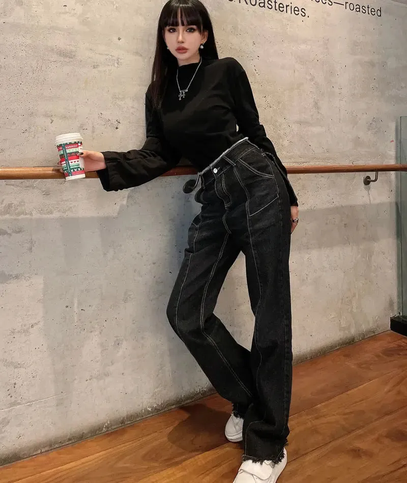 ADVBRIDGE  Harajuku Ripped High Waist Jeans Streetwear Patchwork Baggy Denim Pants Dark Gray Straight Trouser Female Denim Pants