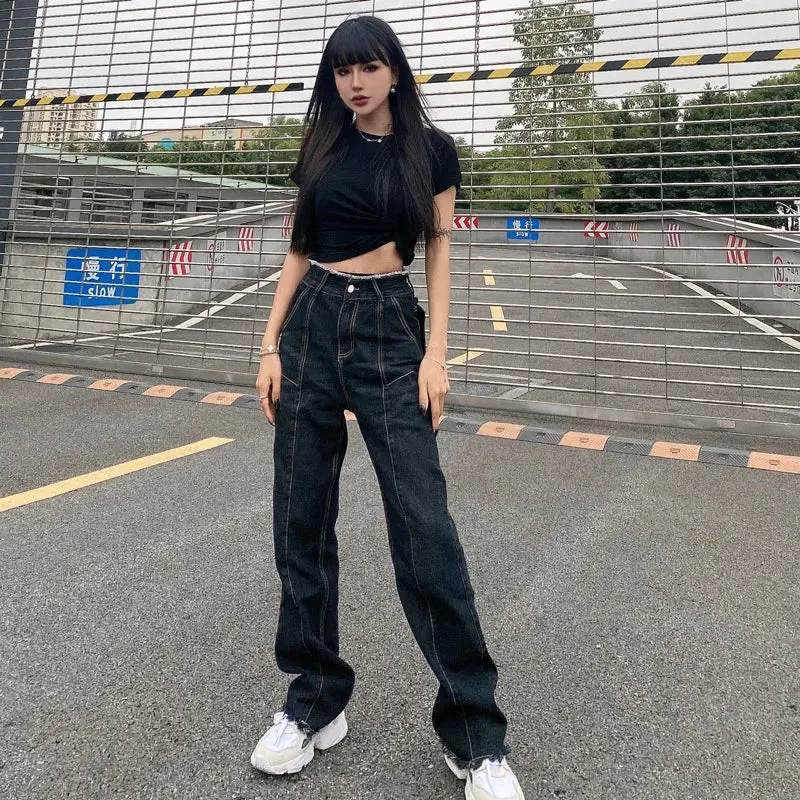 ADVBRIDGE  Harajuku Ripped High Waist Jeans Streetwear Patchwork Baggy Denim Pants Dark Gray Straight Trouser Female Denim Pants