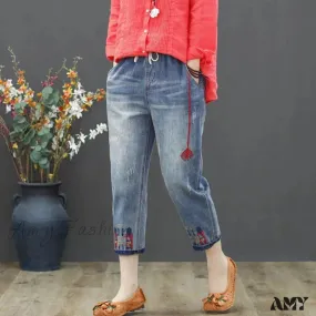 Amy Fashion - Embroidery Ripped Korean Capris Pants