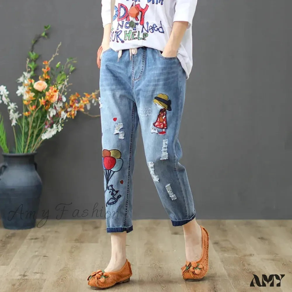 Amy Fashion - Embroidery Ripped Korean Capris Pants