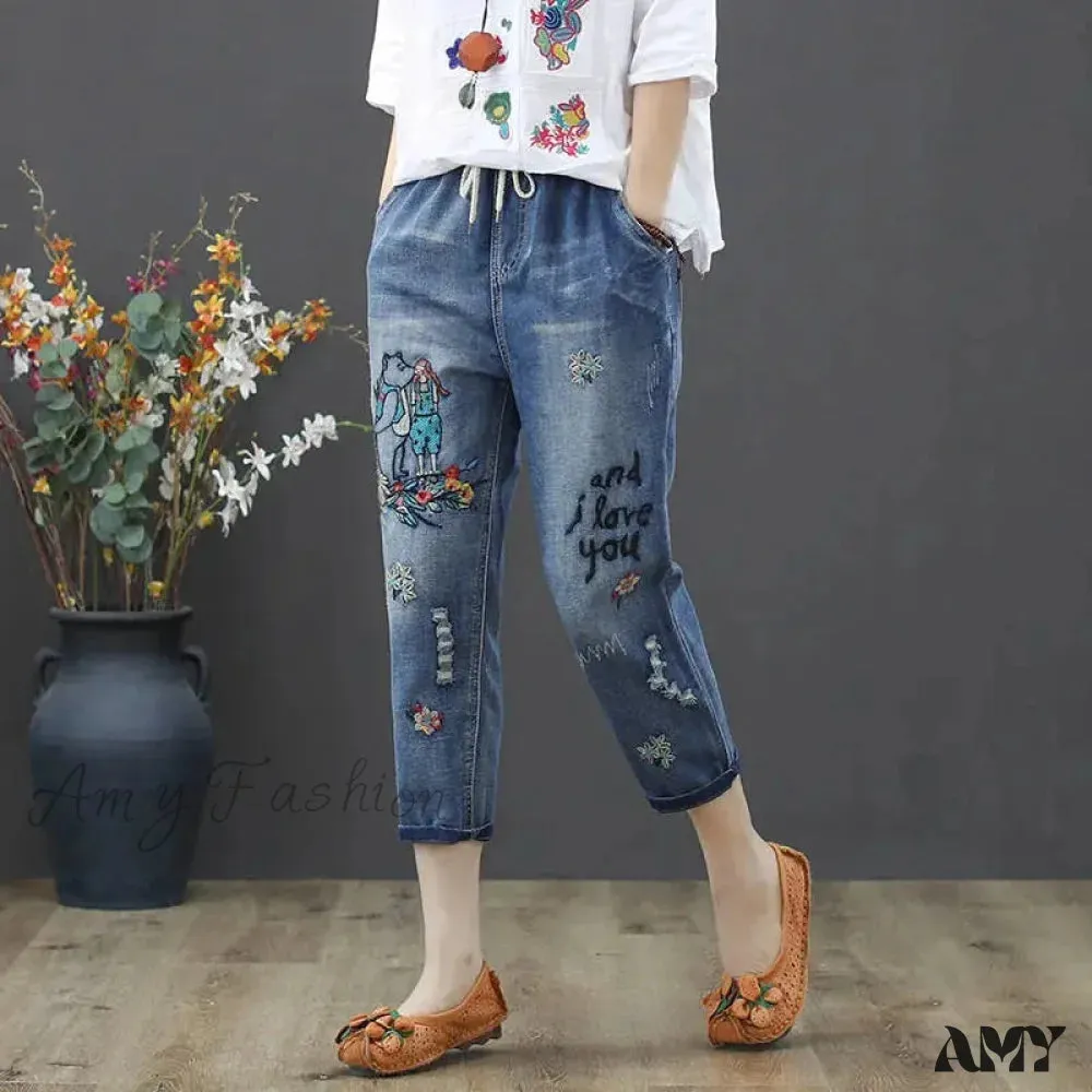 Amy Fashion - Embroidery Ripped Korean Capris Pants