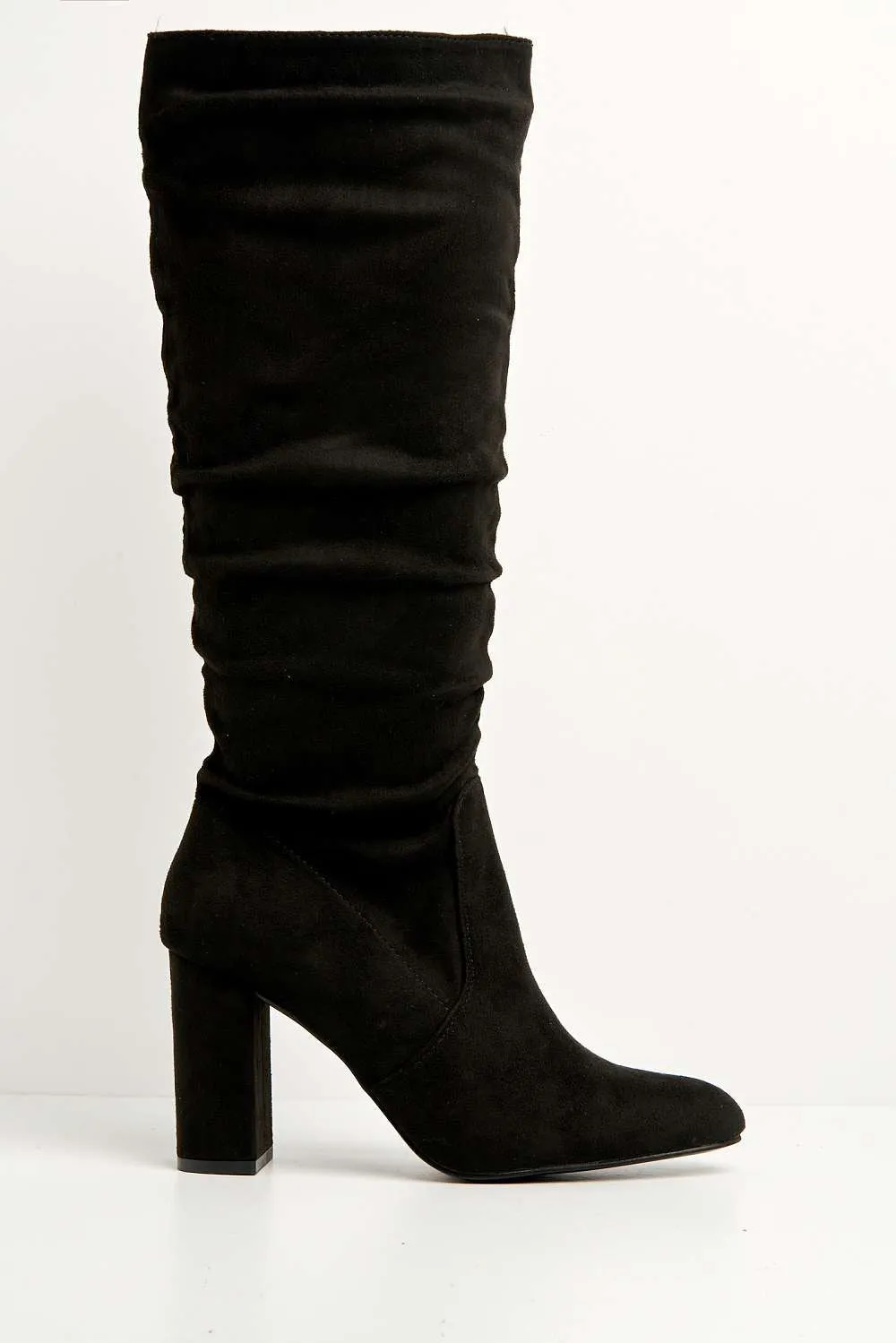 Aphi Knee High Block Heel Boots in Black Suede