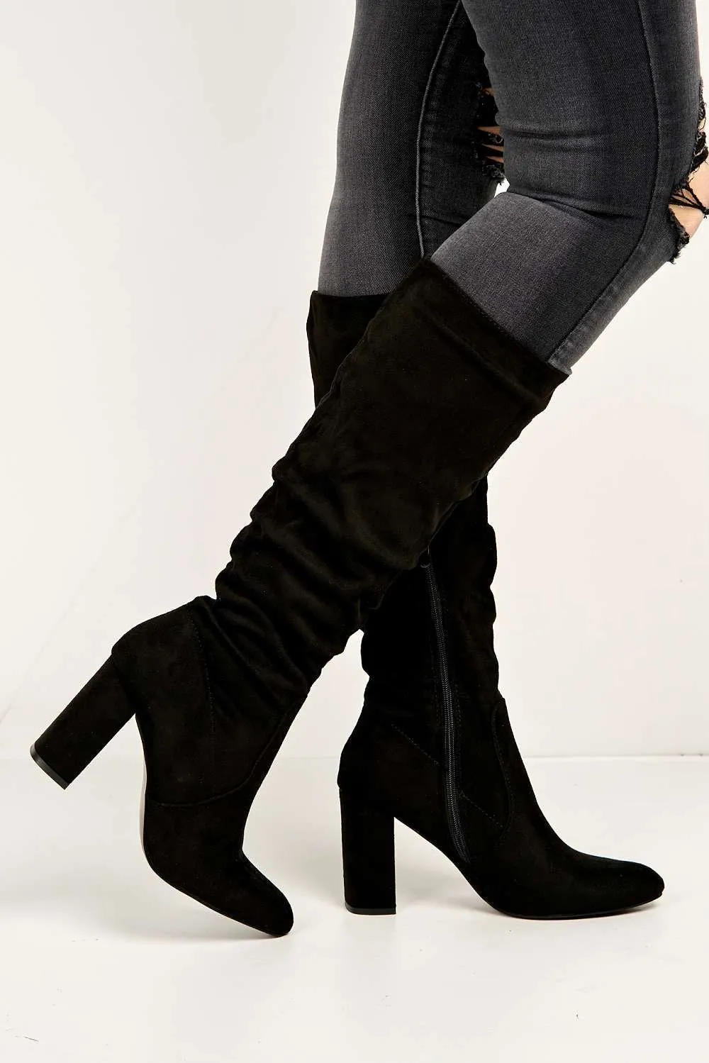 Aphi Knee High Block Heel Boots in Black Suede