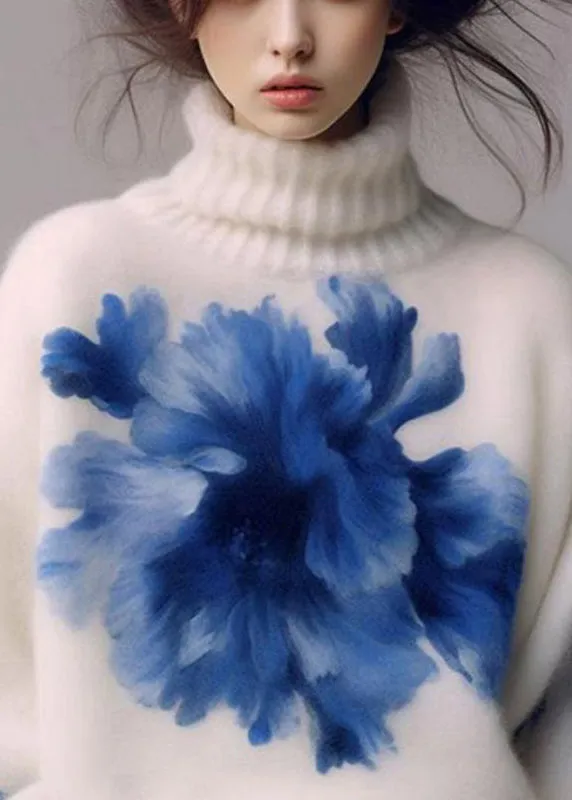 Art White Turtleneck Print Wool Knit Sweaters Winter WK023