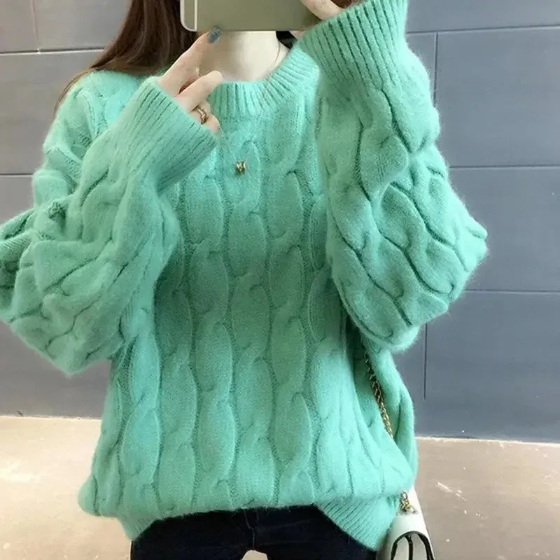 Ashore Shop Women Pullovers Casual Solid Color Knitwear Long Sleeve Winter Cable Knit Mock Neck Long Sleeve