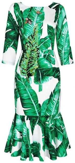 Banana Leaf Embellished Dress with Flared Hem