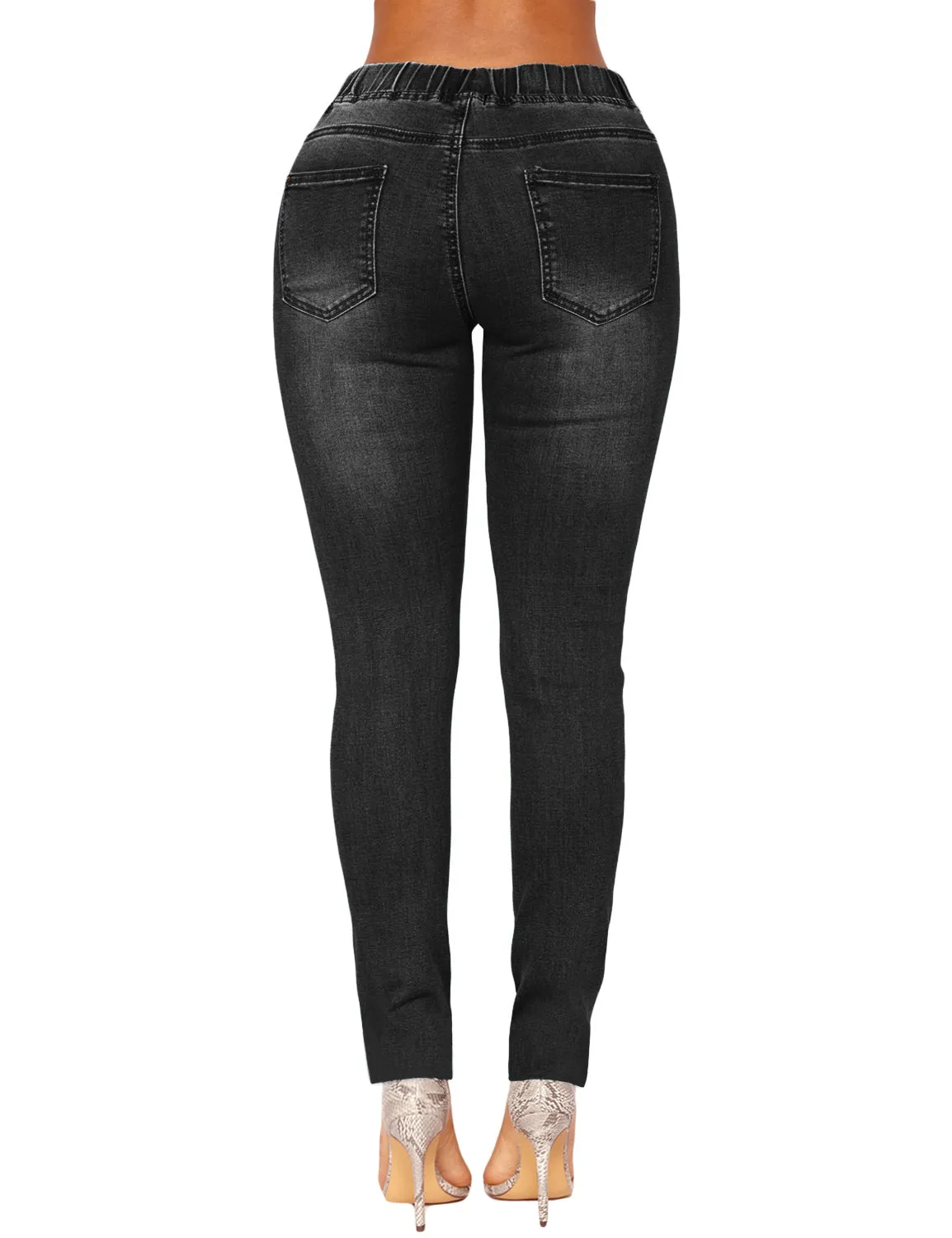 Black Drawstring-Waist Washout Ripped Skinny Jeans