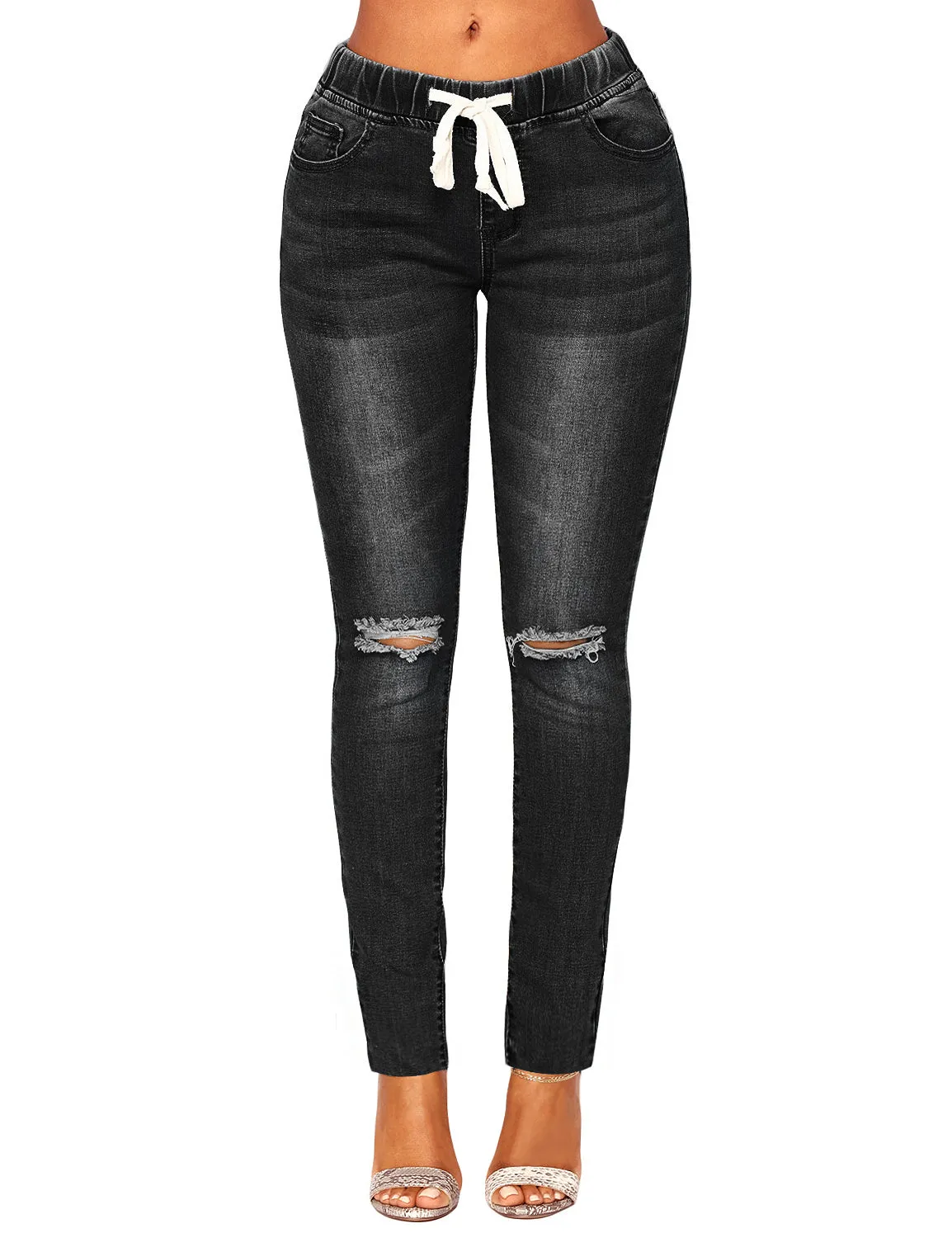 Black Drawstring-Waist Washout Ripped Skinny Jeans