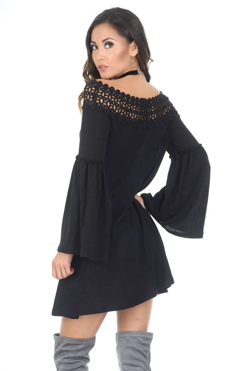 Black Flared Sleeve Swing Dress