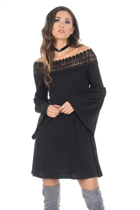 Black Flared Sleeve Swing Dress