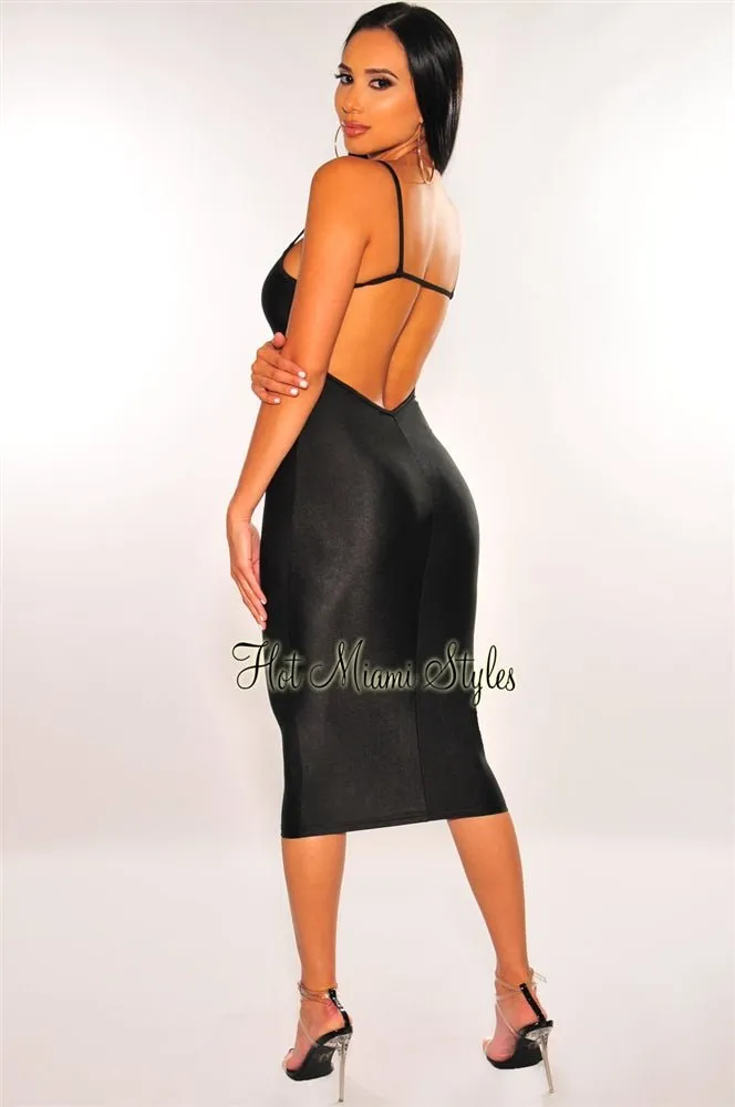 Black Silky Cut Out Back Slip Dress