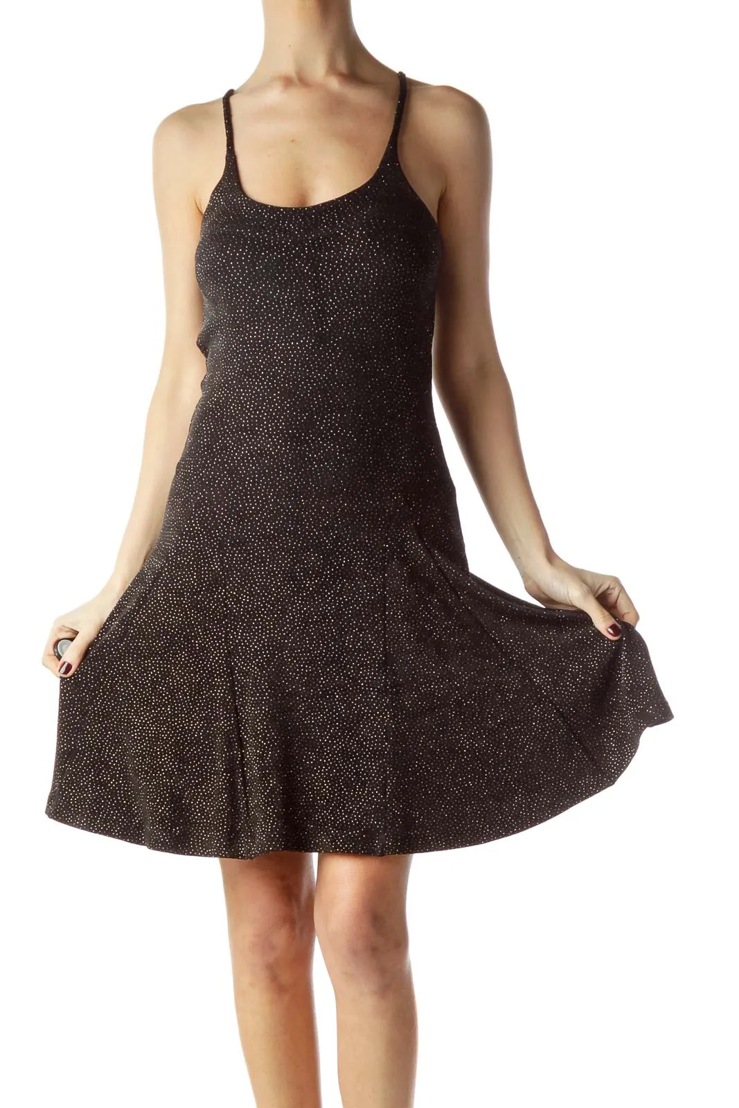 Black Tiny Gold Dots on Body Flared Dress