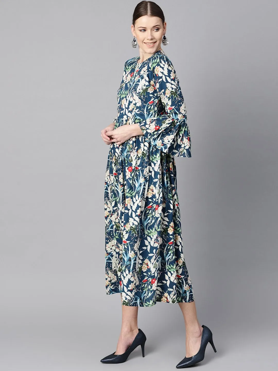 Blue multicolored quirky floral printed high neck back hook closure 3/4th flared sleeves gathered dress.