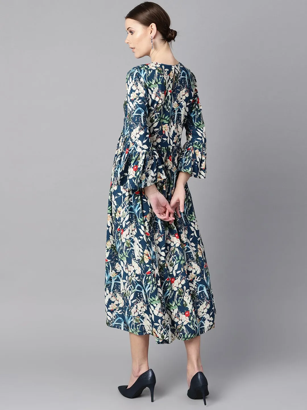 Blue multicolored quirky floral printed high neck back hook closure 3/4th flared sleeves gathered dress.