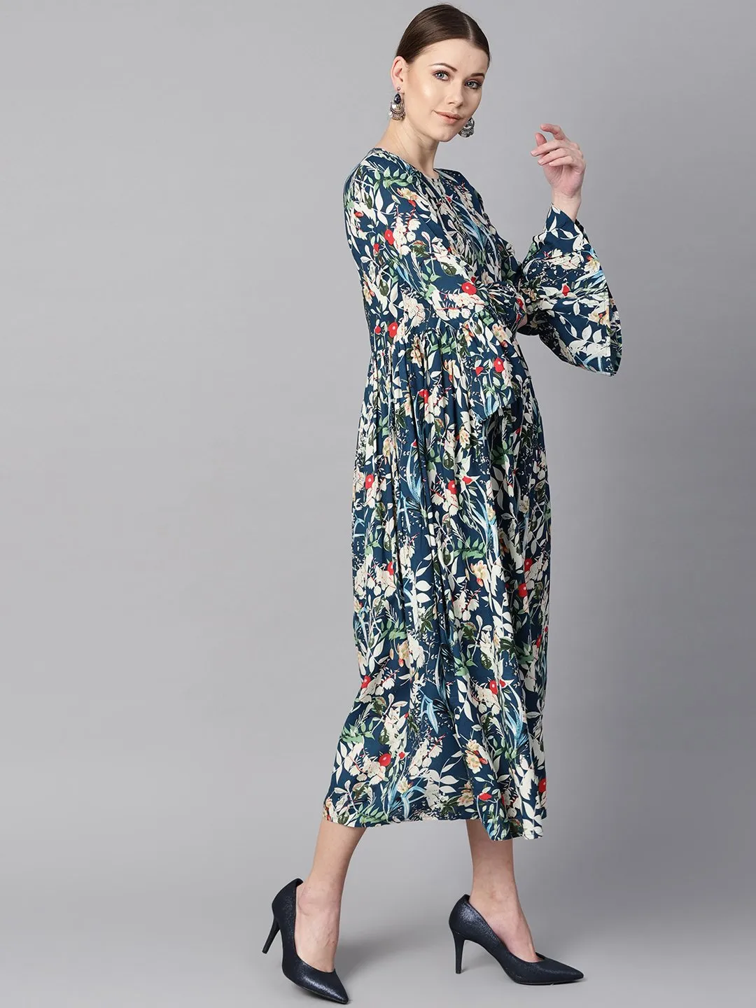 Blue multicolored quirky floral printed high neck back hook closure 3/4th flared sleeves gathered dress.