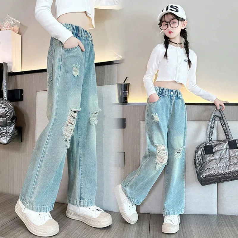 Bonnyshow Spring Autumn Teenage Girls Denim Wide Leg Pants Children Straight Ripped Trousers Medium Girls Loose Breathable Solid Jeans