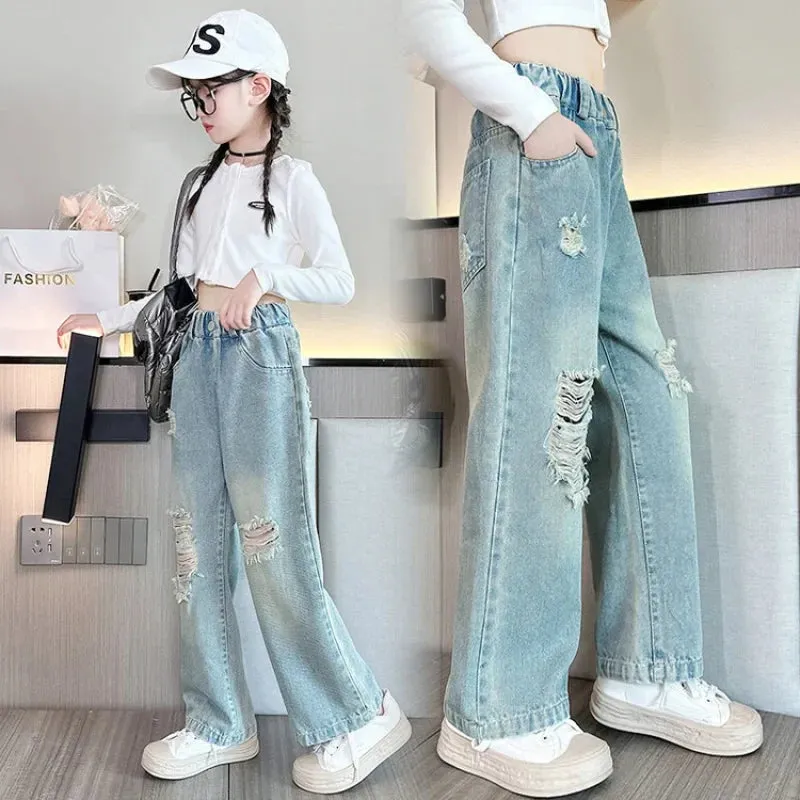 Bonnyshow Spring Autumn Teenage Girls Denim Wide Leg Pants Children Straight Ripped Trousers Medium Girls Loose Breathable Solid Jeans