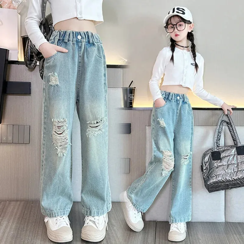 Bonnyshow Spring Autumn Teenage Girls Denim Wide Leg Pants Children Straight Ripped Trousers Medium Girls Loose Breathable Solid Jeans