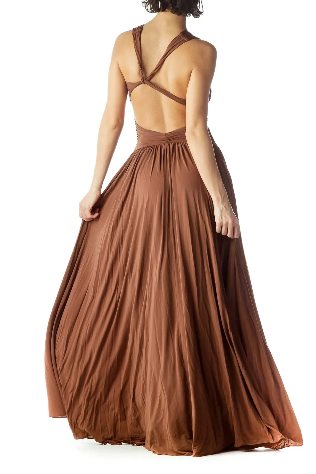 Brown V-Neck Sleeveless Flared Dress