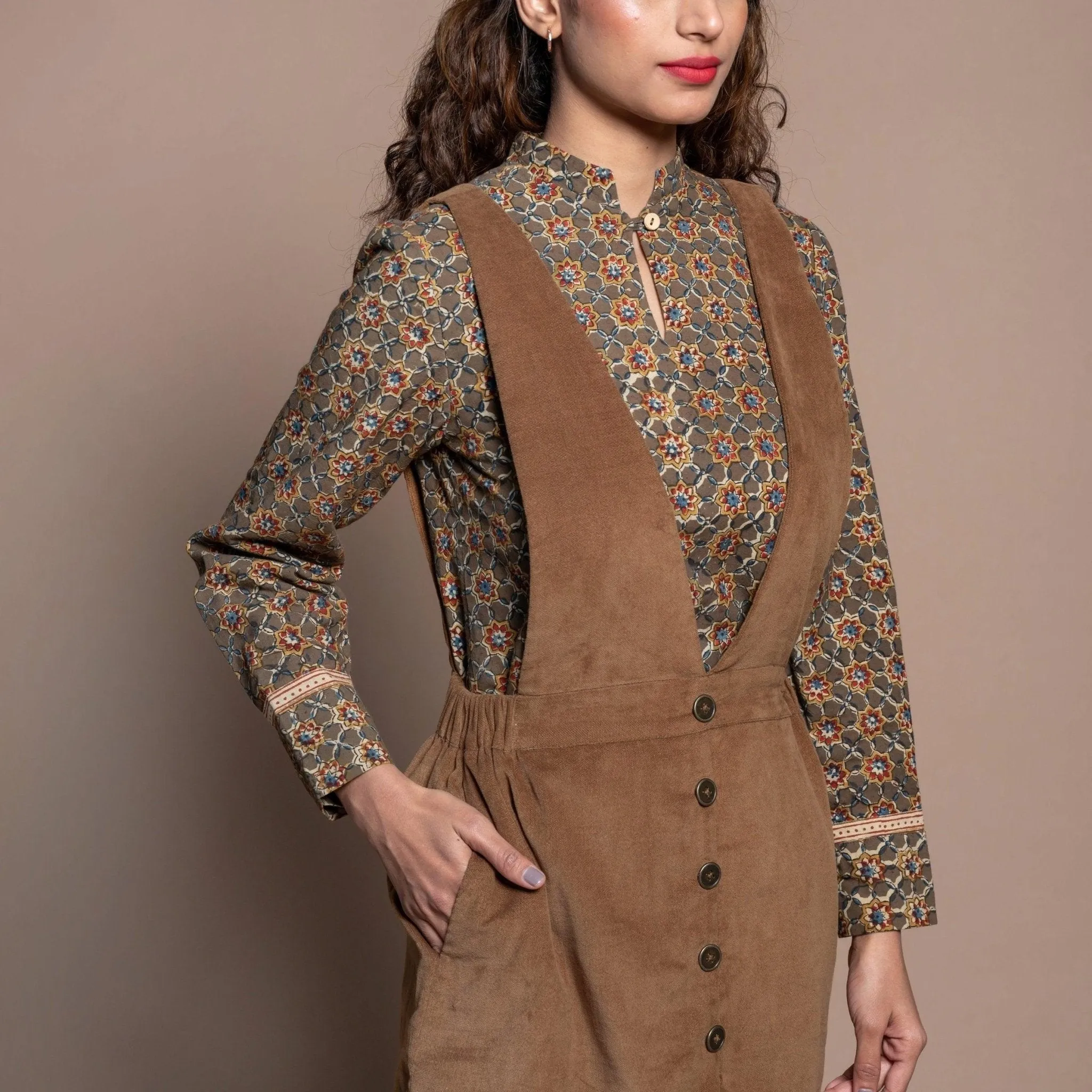 Camel Brown Cotton Velvet Pinafore Short Dress