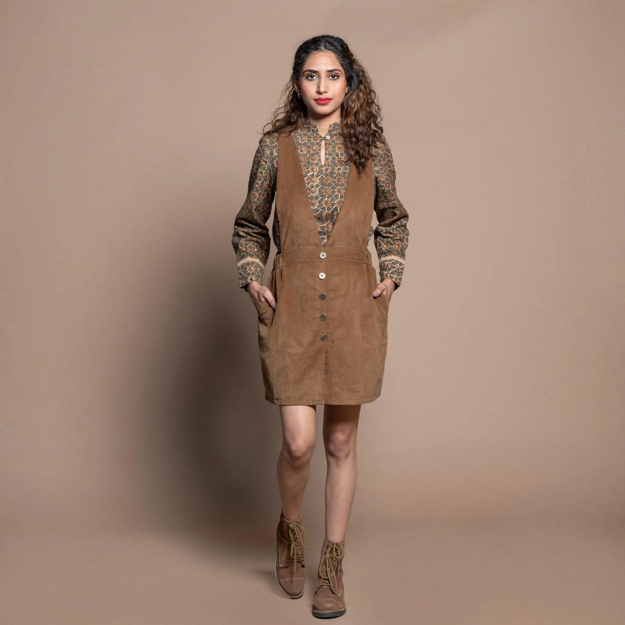 Camel Brown Cotton Velvet Pinafore Short Dress