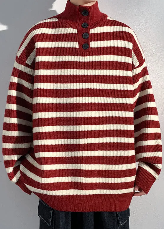 Casual Red Striped Button Knit Mens Sweaters Winter RJ044