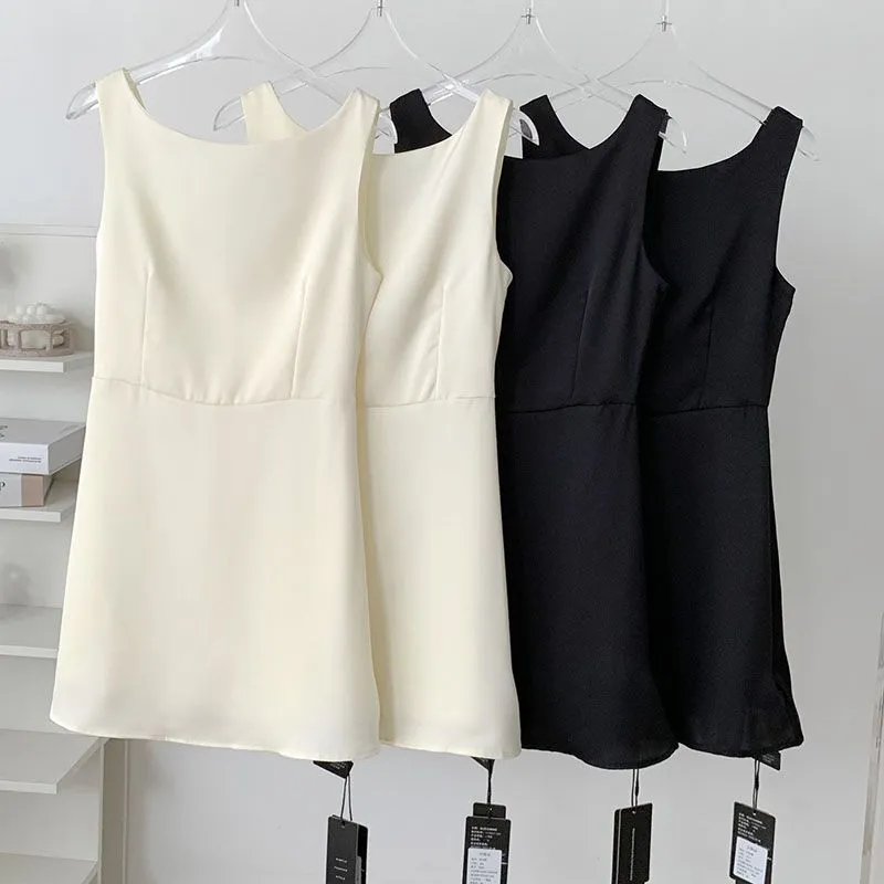 Classic Plain Silky Satin V Back High Waisted Sleeveless Short Dress Formal