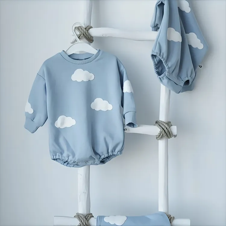 Cloudy Printed Cotton Sweatshirt Romper Bodysuit