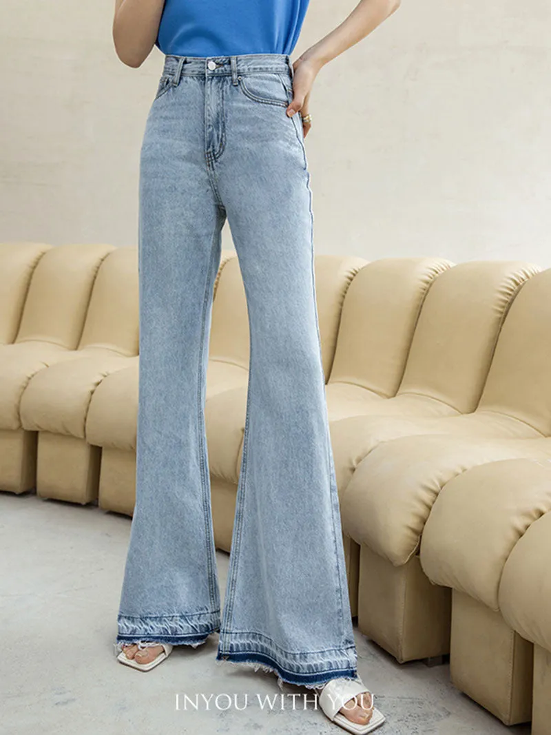 Distressed Bohemian Ripped Hem Flare Jeans High Waisted Denim Pants