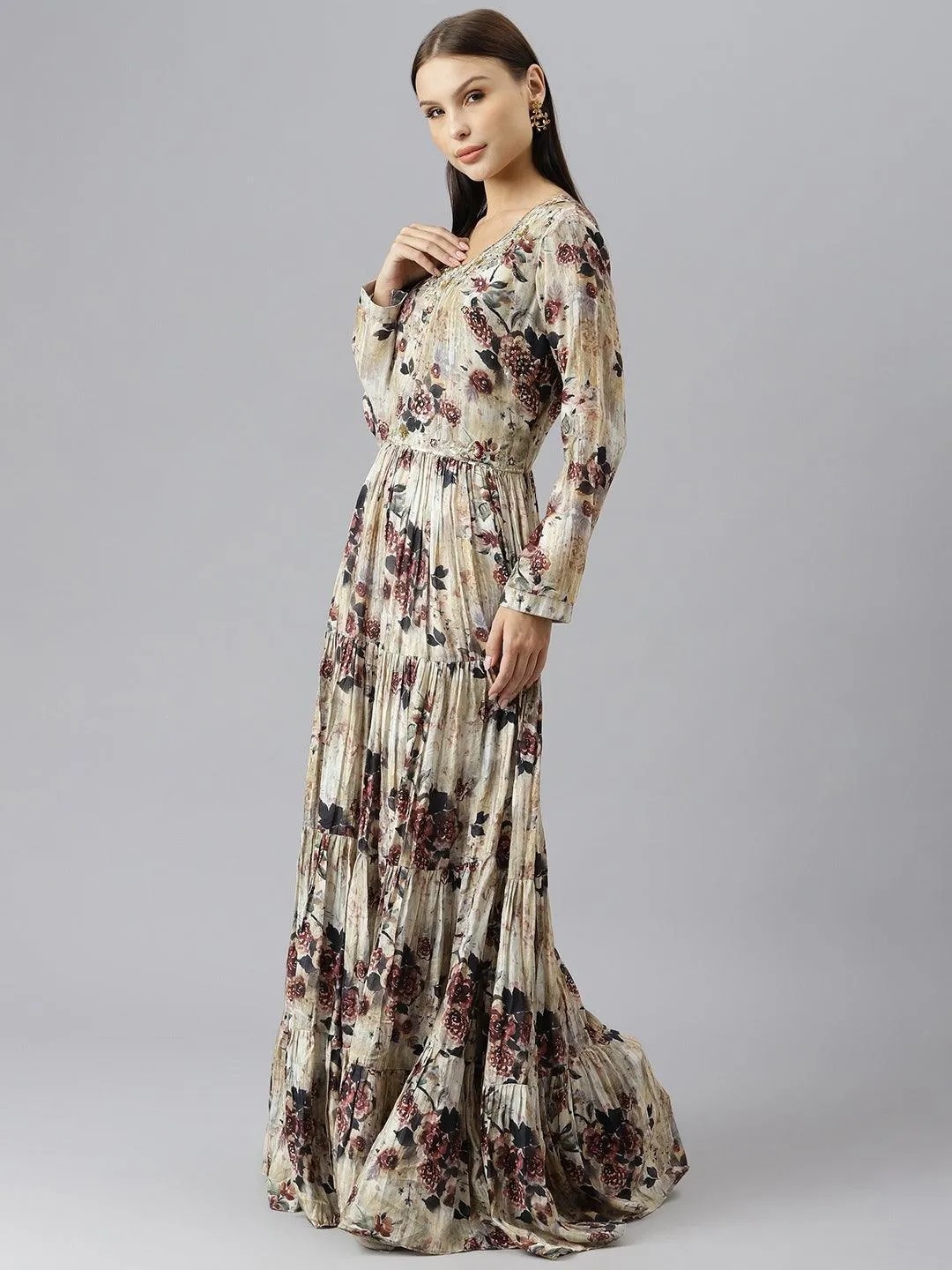 Divena Cream Floral Printed Muslin Flared Gown