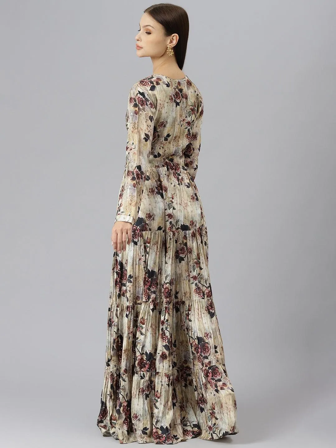 Divena Cream Floral Printed Muslin Flared Gown