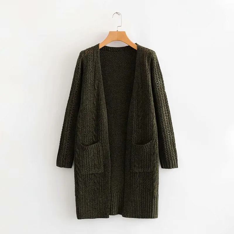 Elegant Hollow Out Braided Long Cardigan Sweater Coat With Hood