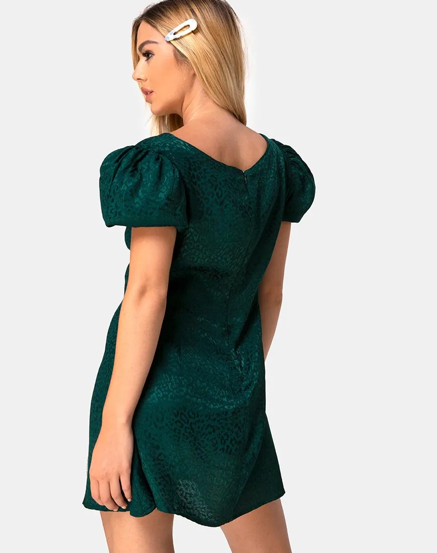 Elfy Mini Dress in Satin Cheetah Forest Green