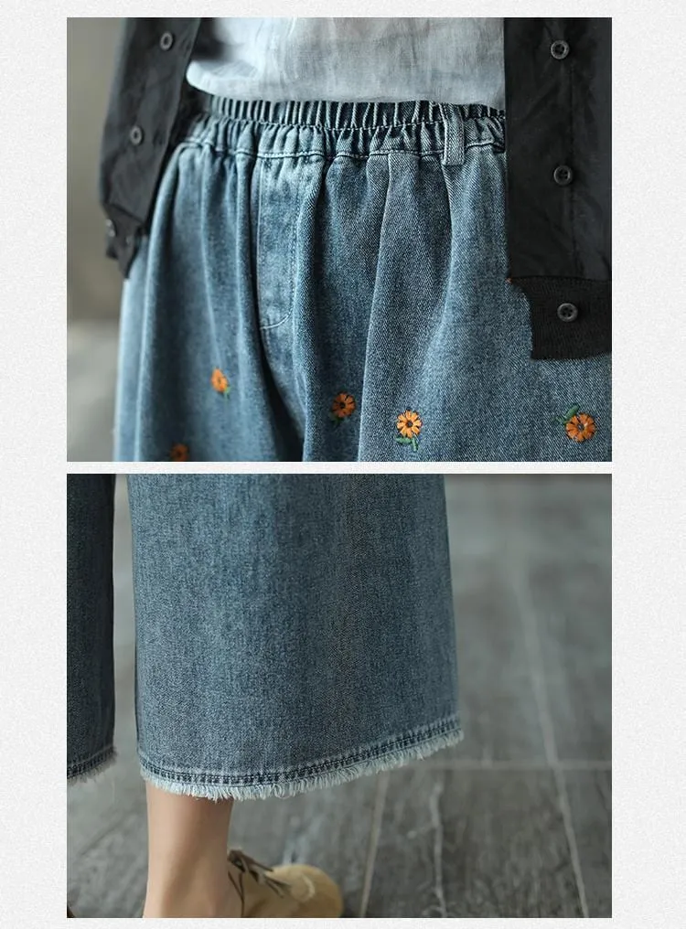 Embroidery Ripped Denim Pants