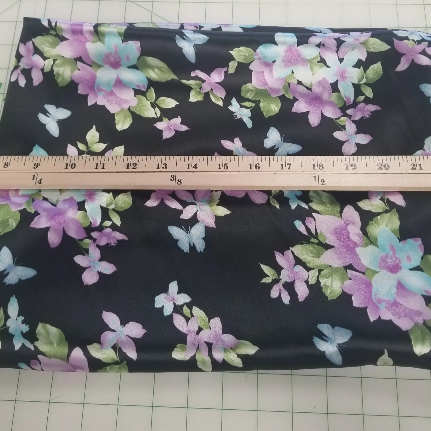 End of Bolt: 3-1/8th yards of Black Floral and Butterflies Satin Charmeuse Woven- Remnant