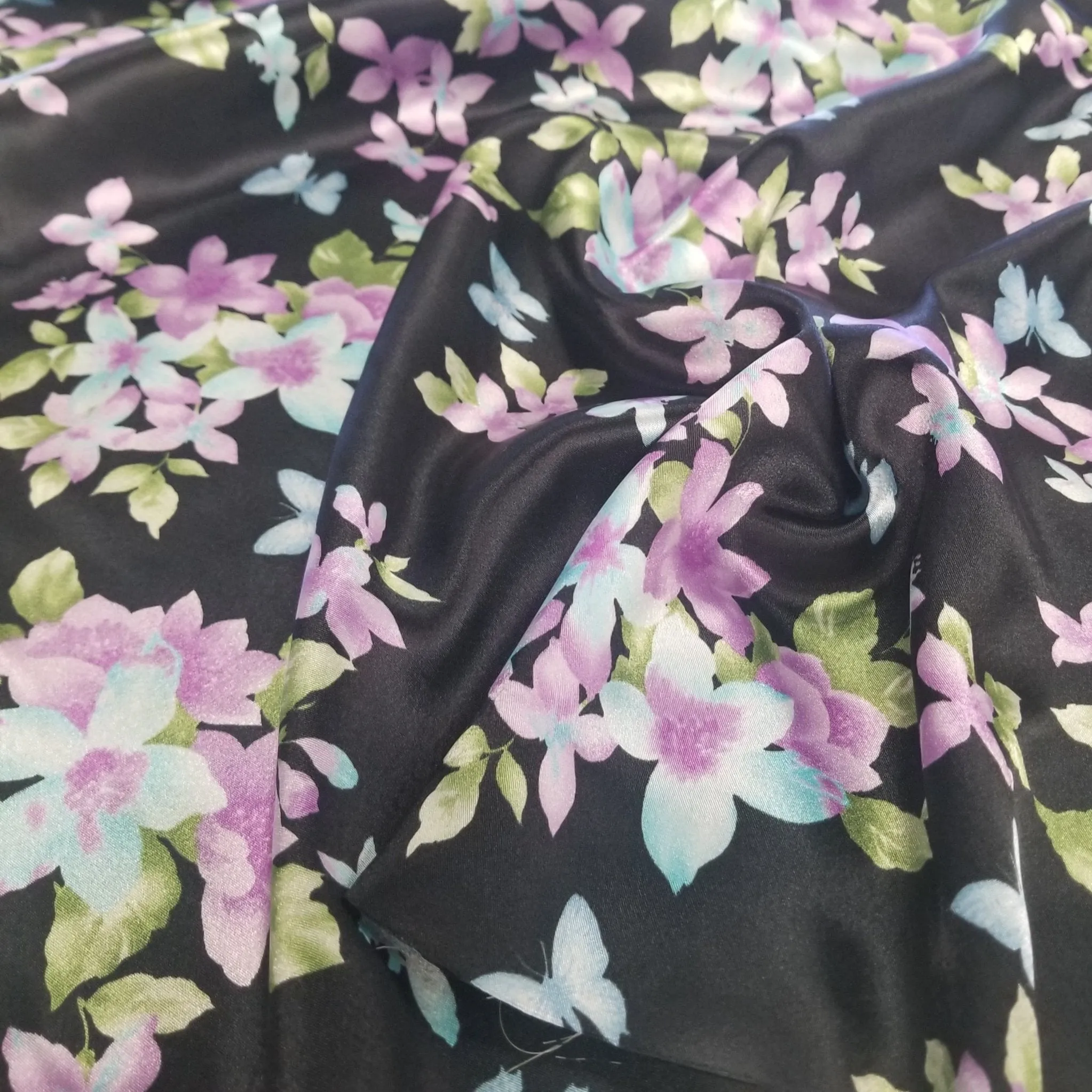 End of Bolt: 3-1/8th yards of Black Floral and Butterflies Satin Charmeuse Woven- Remnant