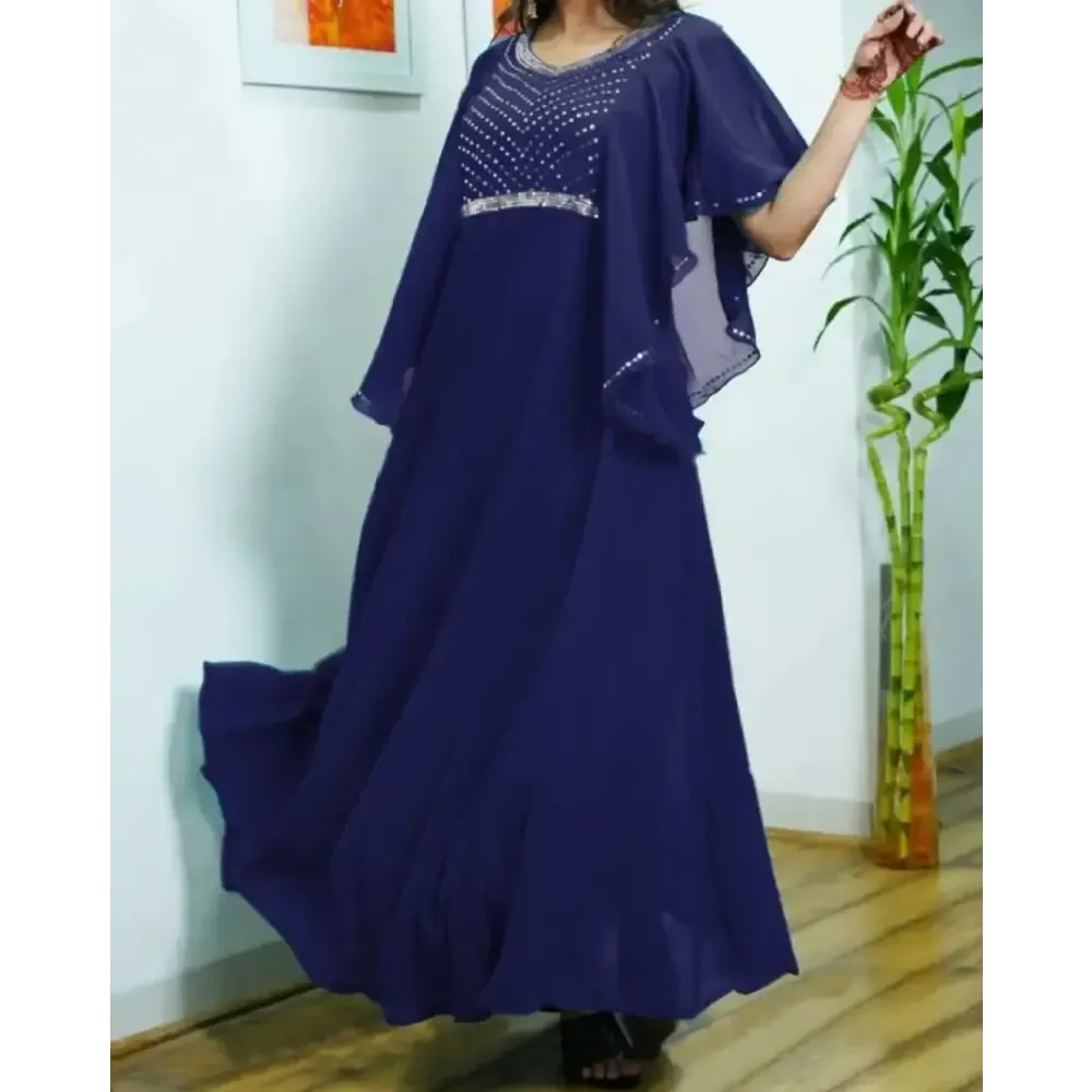 Fashionable Faux Georgette With Sequins On Neck line With Mirror Work And Flared Sleeve Dress