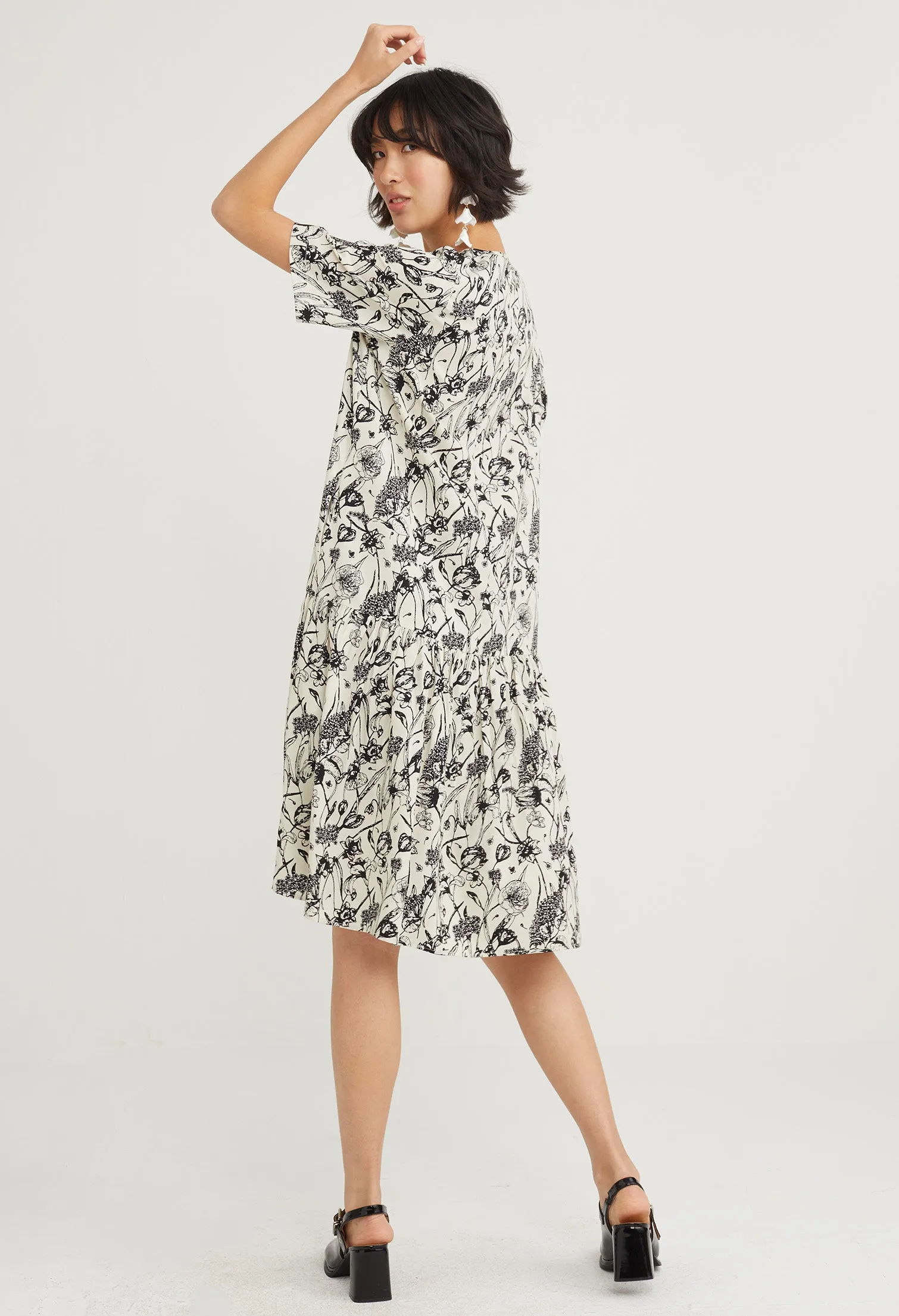 Flowerette Drop Waist Midi Dress