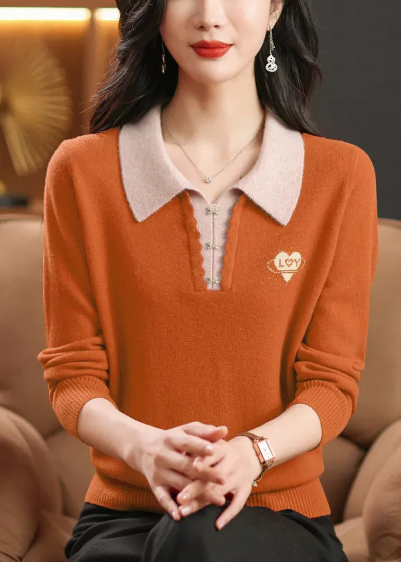 French Orange Peter Pan Collar Zircon Wool Knit Sweaters Winter ER013