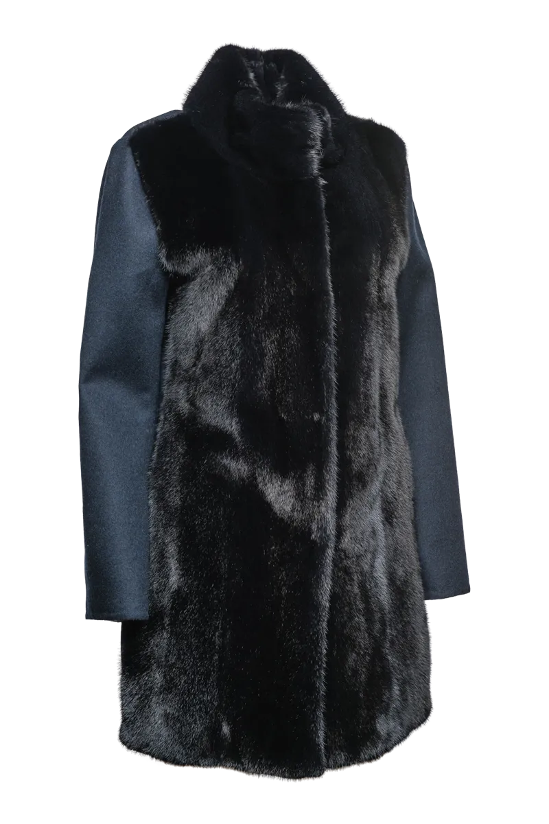 Front Mink Fur Panel and Collar Mid Length Cashmere Coat