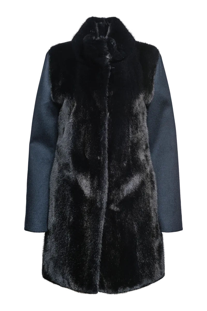 Front Mink Fur Panel and Collar Mid Length Cashmere Coat