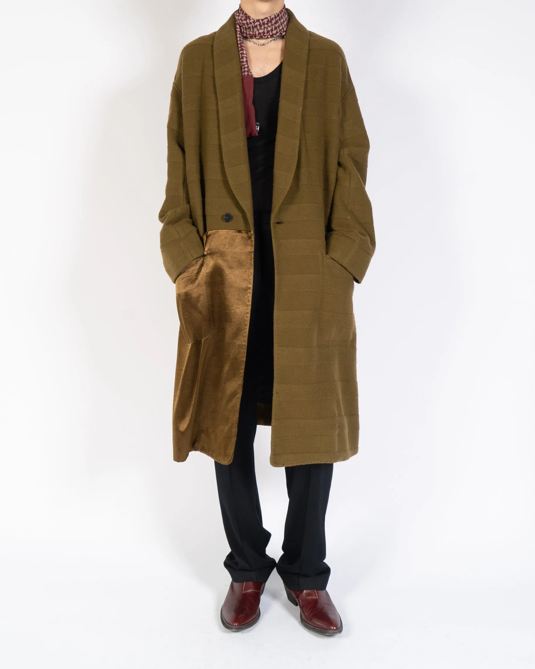 FW18 Olive Embossed Wool Overcoat with Satin Patch