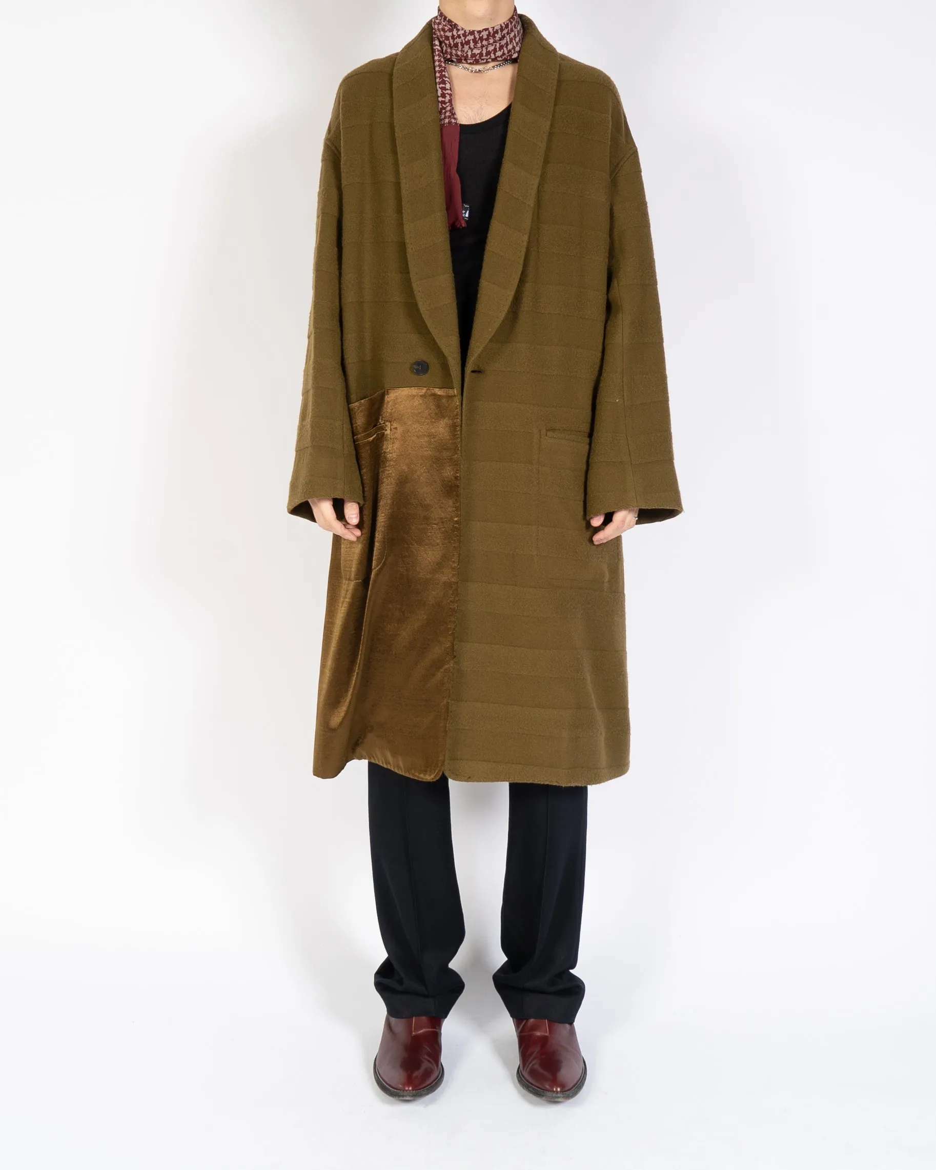 FW18 Olive Embossed Wool Overcoat with Satin Patch