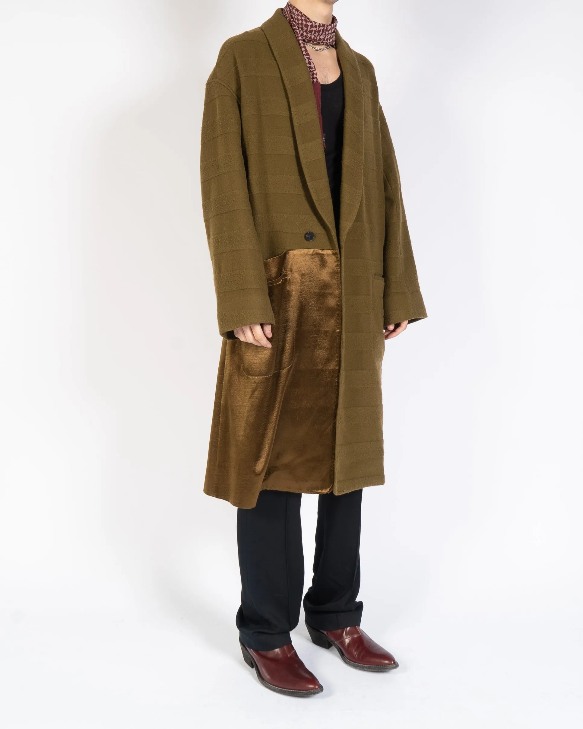 FW18 Olive Embossed Wool Overcoat with Satin Patch