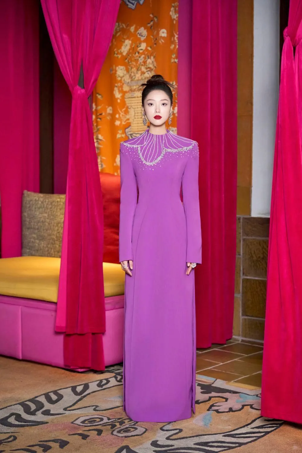 Gracen Sheath High Neck Velvet Satin Floor Length Ao Dai