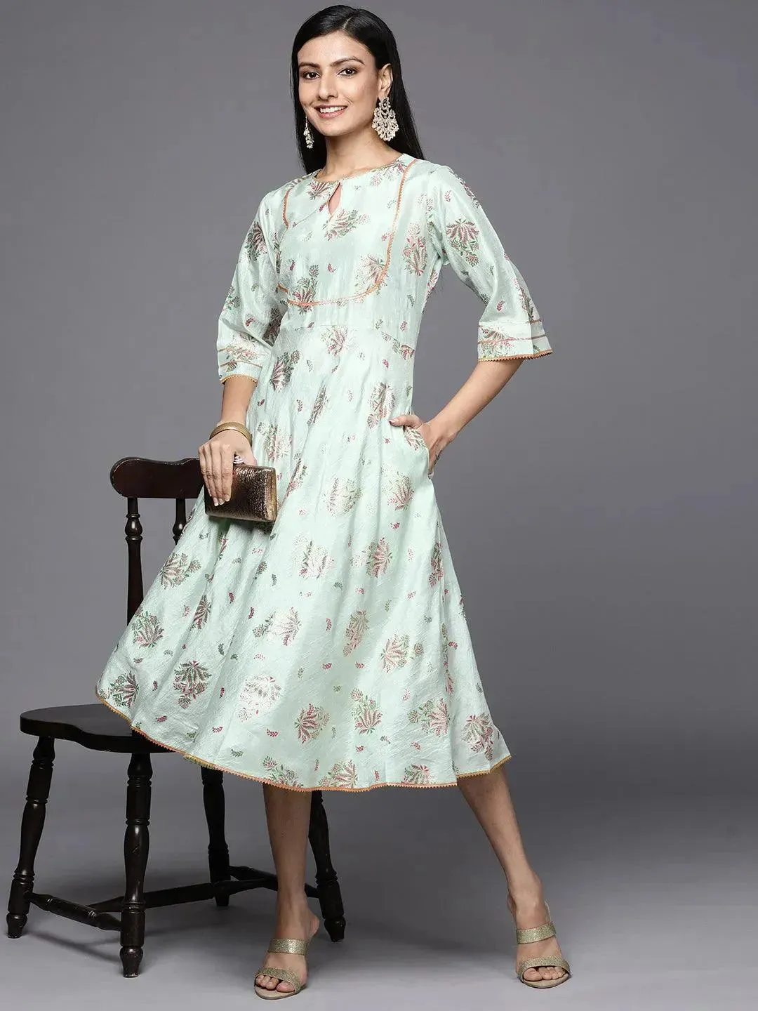 Green Printed Silk Empire Dress