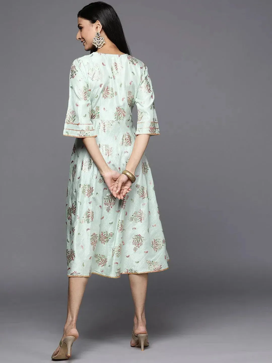 Green Printed Silk Empire Dress