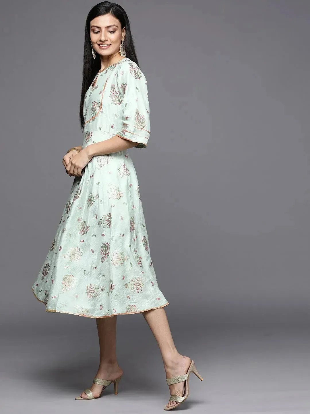 Green Printed Silk Empire Dress